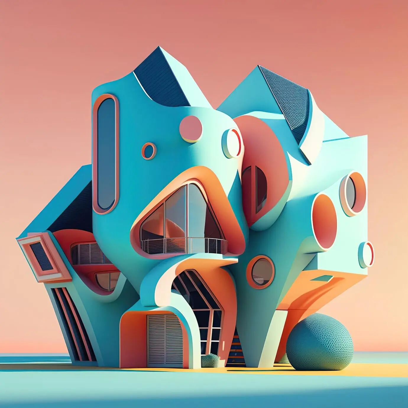 A playful surrealist design for a grandiose ultramodern home featuring generative-AI geometric futuristic architecture.